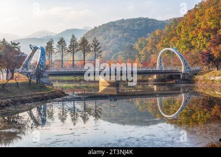 the scenery of the autumnal-colored reservoir Stock Photo