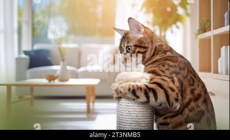 Bengal cat plays with a scratching post in the living room. Accustoming a cat to a scratching post. Stock Photo