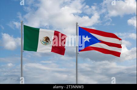 Puerto Rico and Mexico flags waving together in the wind on blue cloudy sky, two country relationship concept Stock Photo