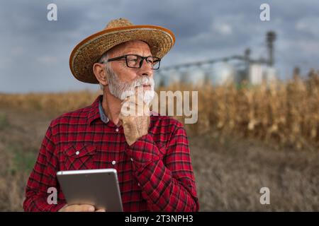 Pensive senior man farmer working on tablet in corn field in front of grain silos Stock Photo