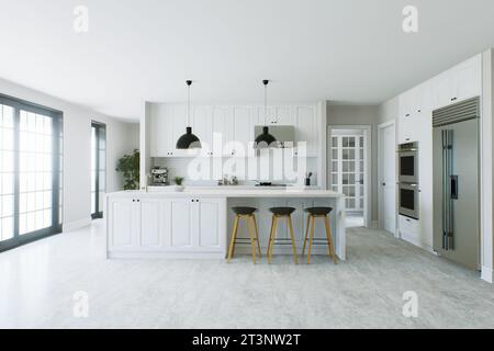 Modern bright kitchen with large island and kitchen appliances. Spacious kitchen with large windows framed in black and bar stools. 3d rendering Stock Photo