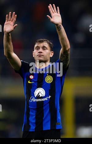 Nicolo Barella of FC Internazionale gestures at the end of the UEFA Champions League football match between FC Internazionale and RB Salzburg. Stock Photo