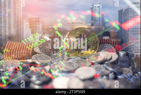 Bull market trend digital currency Bitcoin Stock Growth Chart shows a strong increase in the price of bitcoin, investing in virtual assets. Investment Stock Photo