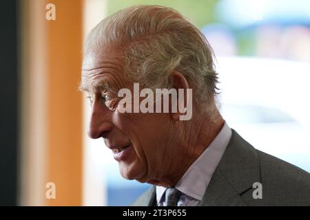 King Charles III opens the Priscilla Bacon Lodge hospice in Norwich, Norfolk, a state-of-the-art palliative care unit which has been specially designed to allow patients to enjoy the surrounding landscape, working in partnership with Norfolk Community Health and Care NHS Trust. Picture date: Thursday October 26, 2023. Stock Photo