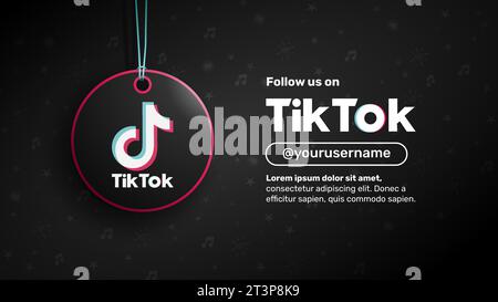 Follow Us web banner. Round tag with tik tok logo inside. Vector illustration template with text for replace with your contact information. Stock Vector