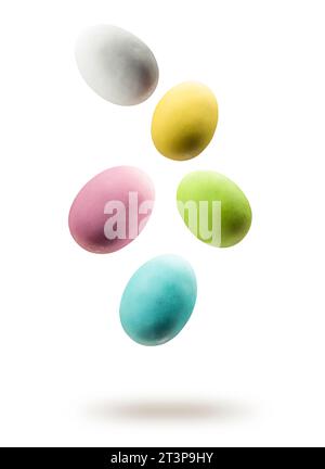 Colorful easter eggs floating on white background. Stock Photo