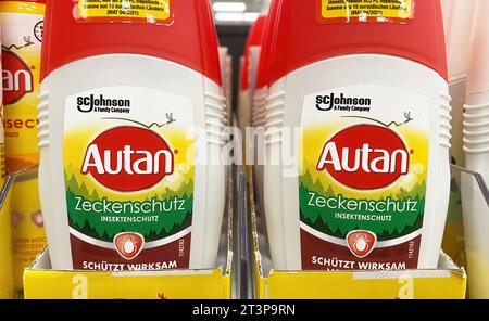 Viersen, Germany - October 9. 2023: Closeup of bottles Autan  tick protection repellent Stock Photo