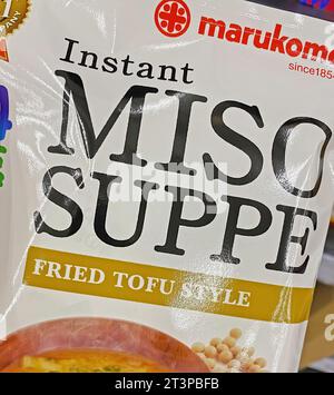 Viersen, Germany - October 9. 2023: Closeup of bag japanese Marukome instant miso soup Stock Photo