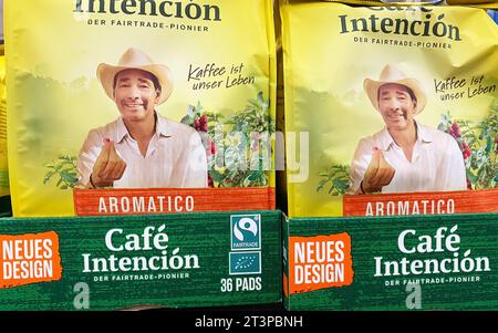 Viersen, Germany - October 9. 2023: Closeup of packs intencion fairtrade coffe pads Stock Photo