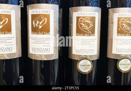 Viersen, Germany - October 9. 2023: Closeup of italian Apollonio red wine bottles Stock Photo