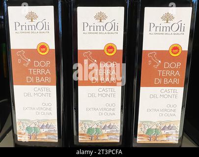 Viersen, Germany - October 9. 2023: Closeup of italian Primoli olive oil bottles Stock Photo