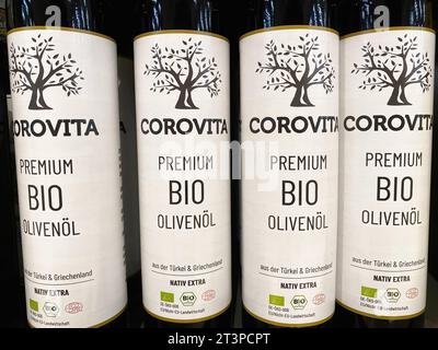 Viersen, Germany - October 9. 2023: Closeup of corovita olive oil bottles Stock Photo