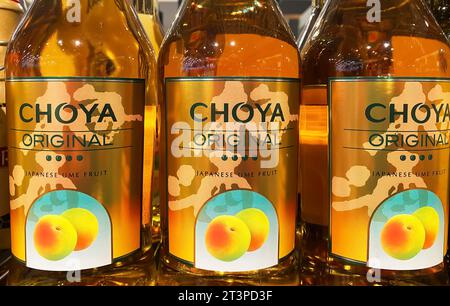 Viersen, Germany - October 9. 2023: Closeup of japanese Choya ume fruit liqueur bottles Stock Photo