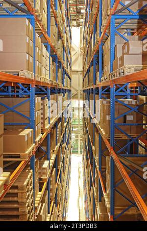 Pallets With Boxes at Shelving System With Narrow Aisle in Distrbution Warehouse Fulfillment Center Stock Photo