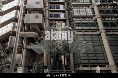 London, UK - Oct 23, 2023 - Main entrance of The Lloyd's insurance headquarter building in City of London. its ultra modern contemporary building with Stock Photo