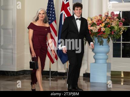 United States House Minority Whip Katherine Clark Democrat of Massachusetts, left, and Nathaniel Dowell arrive for the State Dinner honoring Prime Minister Anthony Albanese of Australia and Jodie Haydon in the Booksellers area of the White House in Washington, DC on Wednesday, October 25, 2023. Copyright: xRonxSachsx/xCNPx/MediaPunchx Credit: Imago/Alamy Live News Stock Photo