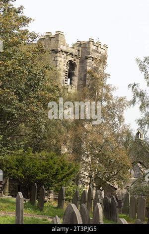 The tower of the Church of St Thomas a Beckett Heptonstall West Yorkshire England Stock Photo