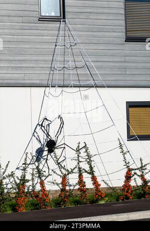 Giant spider on giant web on front of house, Cherry Willingham, Lincoln, Lincolnshire, England, UK Stock Photo