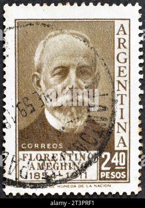 Cancelled postage stamp printed by Argentina, that shows portrait of Florentino Ameghino (1854-1911), circa 1956. Stock Photo