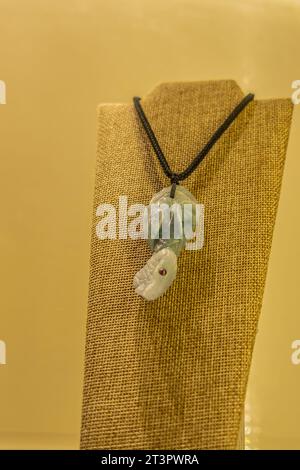 Guatemala, La Antigua - July 20, 2023: Jade Maya Museum. Necklace closeup Stock Photo