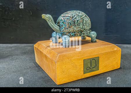 Guatemala, La Antigua - July 20, 2023: Jade Maya Museum. Large jade turtle statue Stock Photo