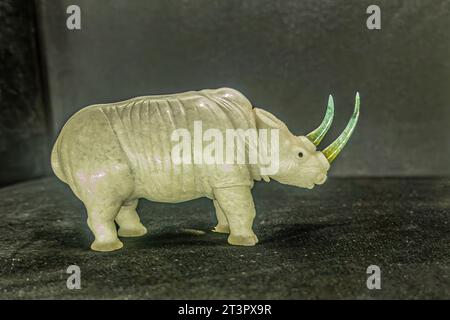 Guatemala, La Antigua - July 20, 2023: Jade Maya Museum. Jade Rhinoceros statue closeup Stock Photo