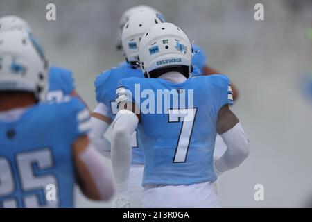 Columbia Lions players run out on the field before the NCAA football game against the Penn Quakers at Robert K. Kraft Field at Lawrence A. Wien Stadium in New York, New York, Saturday, Oct. 14, 2023. (Photo: Gordon Donovan) Stock Photo