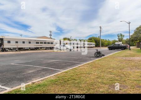 Austin Steam Train Association Hill County Flyer stop in Burnet, Texas - for lunch, shopping and entertainment. Stock Photo