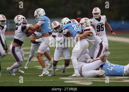 Columbia Lions running back Ty'son Edwards #22 is stopped for after a gain during action in the NCAA football game against the Penn Quakers at Robert K. Kraft Field at Lawrence A. Wien Stadium in New York, New York, Saturday, Oct. 14, 2023. (Photo: Gordon Donovan) Stock Photo