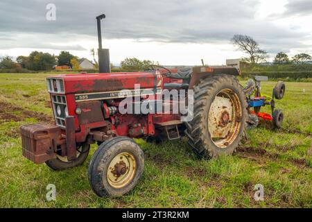 1980's International Harvester 585, built in England, on display at an agricultural show, Troon, Ayrshire, Scotland, UK Stock Photo