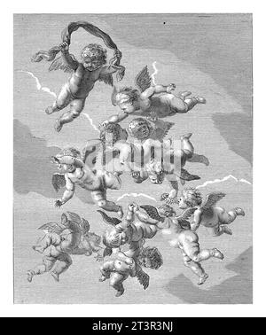 Air, Michiel Mosijn, after Cornelis Holsteyn, 1640 - 1655 Flying putti in the sky. Print from a series of the four elements. Stock Photo