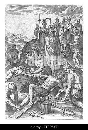 Crucifixion of Christ, Johannes Wierix, after Crispijn van den Broeck, 1583 Book illustration for the story of the crucifixion of Christ (Mark 15:24). Stock Photo