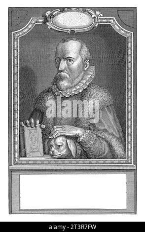 Portrait bust to the left of Justus Lipsius, humanist and scholar, bareheaded and with a fur collar. His left hand rests on a dog's head, the right ha Stock Photo
