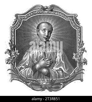 Saint Aloysius Gonzaga, A. Ceccherelli, after Sigismondo Betti, 1700 - 1799 Saint Aloysius Gonzaga in an ornamental frame with lilies. Stock Photo