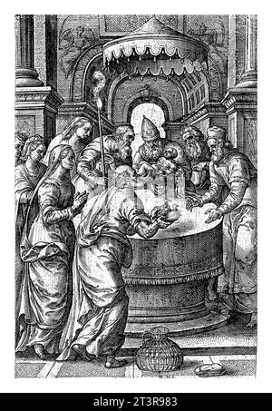 Presentation in the Temple, Johannes Wierix, after Pieter van der Borcht (I), 1573 The high priest Simeon holds the Christ child in his arms, who was Stock Photo