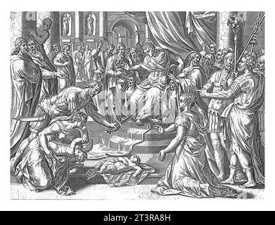 Judgment of Solomon, Hans Collaert (I) (attributed to), after Jan Snellinck (I), 1596 - 1643 King Solomon sits on his throne and passes judgment. Stock Photo