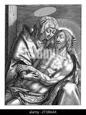 Pieta, Hieronymus Wierix, 1563 - before 1619 The body of Christ lies on the lap of Mary, who mourns her son. In the margins a Bible quote from Hoogl. Stock Photo