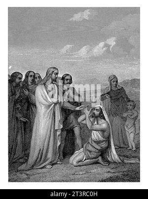 Healing the Blind of Jericho, Dirk Jurriaan Sluyter, after Adrianus Johannes Ehnle, 1843 The blind man sits on his knees on the floor and grabs at his Stock Photo