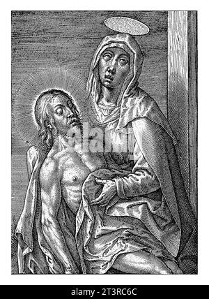 Pieta, Hieronymus Wierix, 1563 - before 1619 Mary mourns the dead Christ, who lies on her lap. She sits at the foot of the cross (of which only the ve Stock Photo