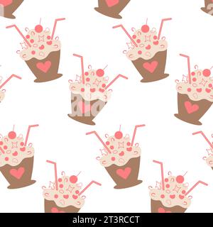 Seamless pattern of stylized dessert in a cup with cocktail straw, decor and cream in trendy shades. Isolate. EPS. Vector design for wrapping, wallpaper or web, poster, banner, cards, print, textile Stock Vector