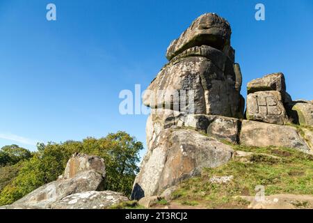 Robin Hood's Stride (also known as Mock Beggar's Mansion) is a rock formation on the Limestone Way in Derbyshire close to the village of Elton Stock Photo