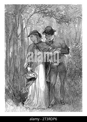 A couple walks in the woods, Willem Steelink (I), after Charles Rochussen, 1836 - 1913 A couple walks in the woods and he tries to say something to he Stock Photo