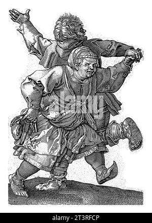 Dancing peasant couple, Hieronymus Wierix (attributed to), after Albrecht Durer, 1559 - before 1619 A peasant and a peasant woman dance hand in hand. Stock Photo