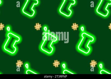 Seamless pattern of luminous neon gift socks with hashtag sign. Packaging or wrapping paper concept. EPS. Vector for wallpaper, backdrop or web, poster, banner, billboard, greeting or invitation cards Stock Vector