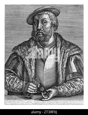 Portrait of the painter Jan van Amstel, Johannes Wierix, 1572 In the margin a six-line caption in Latin. Stock Photo