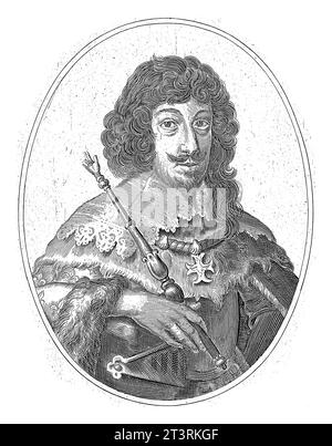 Portrait of Louis XIII, King of France in oval, Cornelis Danckerts (I), 1613 - 1656 Portrait of Louis XIII, King of France in oval, chestpiece, dresse Stock Photo
