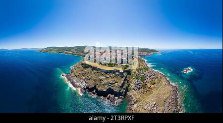 Castelsardo in Sardinia, Italy. Very famous town on a rocky hill in the North of the beautiful island. Traditional colorful house architecure of South Stock Photo