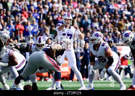 Foxborough, Massachusetts, USA. 22nd Oct, 2023. ; Buffalo Bills quarterback Josh Allen (17) signals during the first half against the New England Patriots in Foxborough, Massachusetts. Eric Canha/Cal Sport Media/Alamy Live News Stock Photo