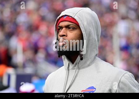 Foxborough, Massachusetts, USA. 22nd Oct, 2023. ; Buffalo Bills safety Damar Hamlin (3) on the sidelines during the first half H/ in Foxborough, Massachusetts. Eric Canha/Cal Sport Media/Alamy Live News Stock Photo