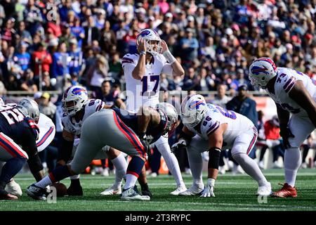 Foxborough, Massachusetts, USA. 22nd Oct, 2023. ; Buffalo Bills quarterback Josh Allen (17) signals during the first half against the New England Patriots in Foxborough, Massachusetts. Eric Canha/Cal Sport Media/Alamy Live News Stock Photo